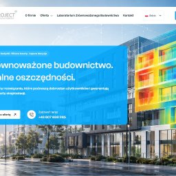 WooCado - Opieka nad stronami internetowymi - Specjalista WordPress & SEO - Zrzut ekranu strony głównej firmy EBDNPROJECT promującej zrównoważone budownictwo, z wizualizacją termiczną i architektonicznym wireframe'em budynku.