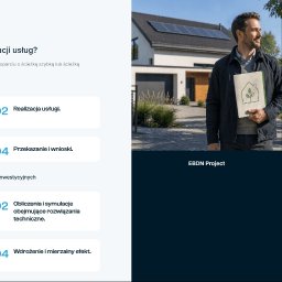 WooCado - Opieka nad stronami internetowymi - Specjalista WordPress & SEO - Strona WWW z opisem etapów realizacji usług, obok mężczyzna z teczką przed domem z panelami słonecznymi i inżynier w kasku analizujący plany na tablecie.