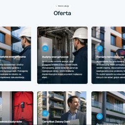 WooCado - Opieka nad stronami internetowymi - Specjalista WordPress & SEO - Zrzut ekranu nowoczesnej strony internetowej prezentującej ofertę usług, z sześcioma kartami opisującymi m.in. audyty energetyczne i pomiary termowizyjne budynków.