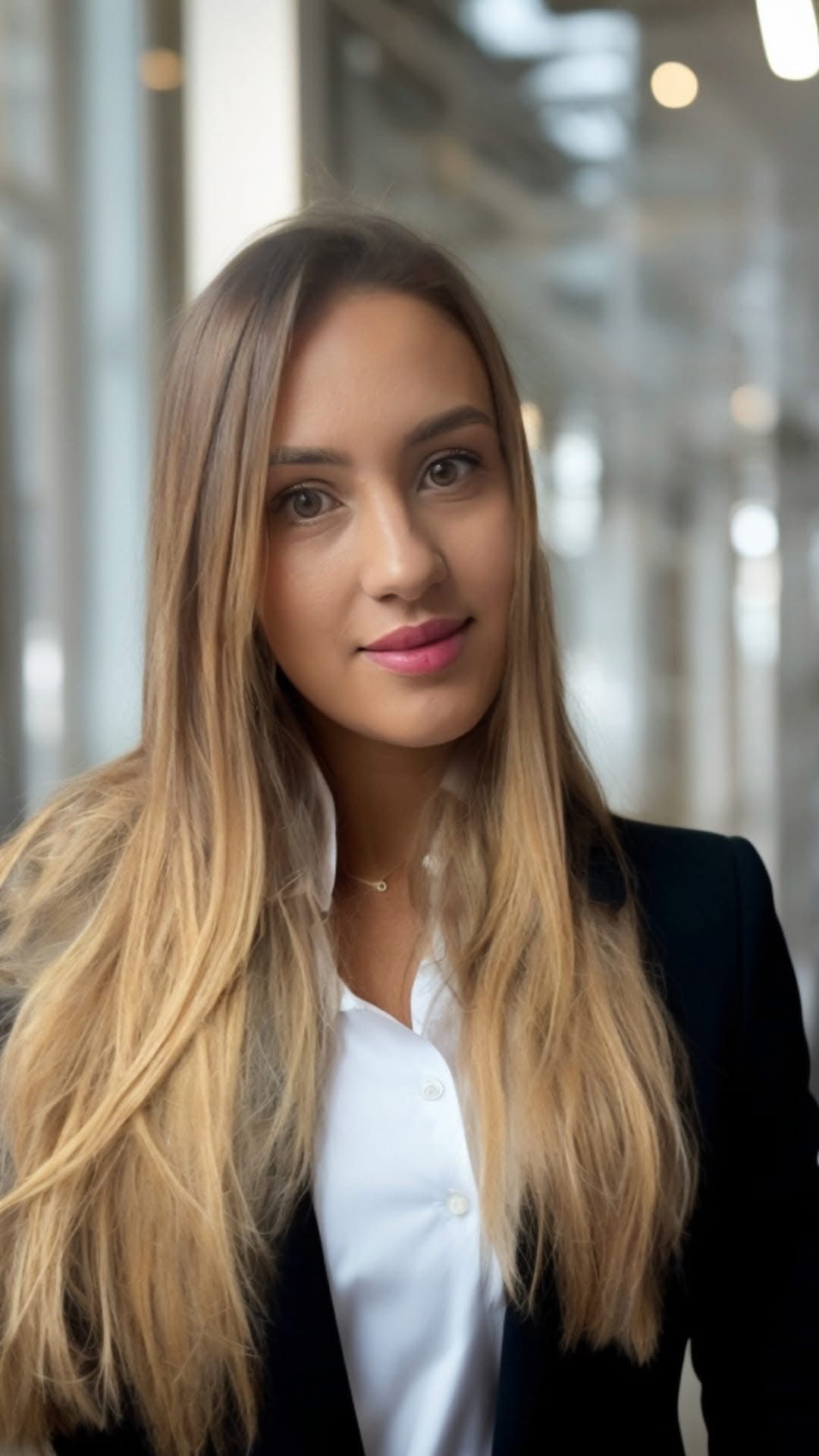 Portret uśmiechniętej kobiety w białej koszuli i czarnej marynarce na rozmytym tle biurowym.