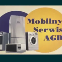 Grafika reklamowa z stylizowanymi urządzeniami AGD: piekarnik, lodówka, mikrofalówka i pralka, na tle żółtego koła z napisem 'Mobilny Serwis AGD' i fioletowego półkola.