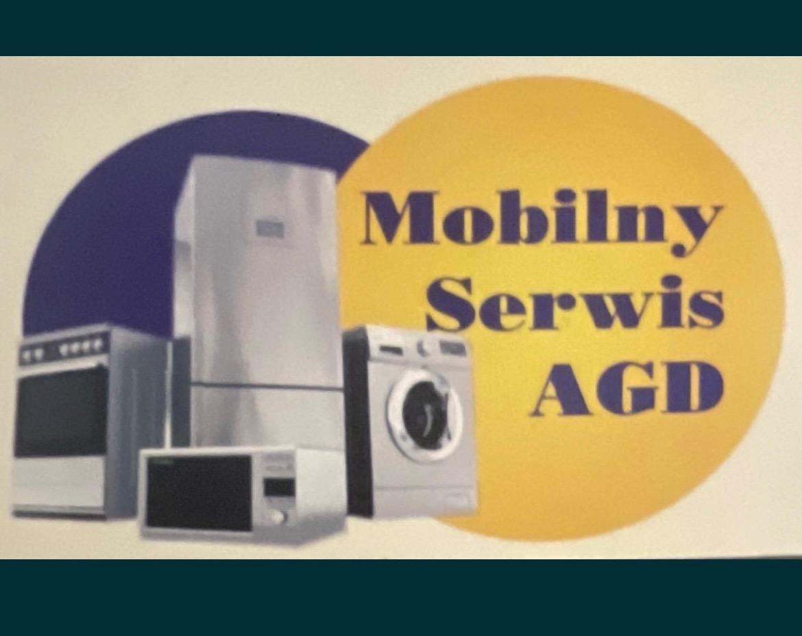 Grafika reklamowa z stylizowanymi urządzeniami AGD: piekarnik, lodówka, mikrofalówka i pralka, na tle żółtego koła z napisem 'Mobilny Serwis AGD' i fioletowego półkola.