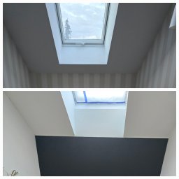 Michał Dobija - Dwa ujęcia wnętrza w Łodygowicach: pierwsze przedstawia pokój na poddaszu ze skośnym sufitem, paskowaną tapetą i oknem dachowym; drugie pokazuje ścianę pomalowaną na ciemny kolor z zabezpieczonym...