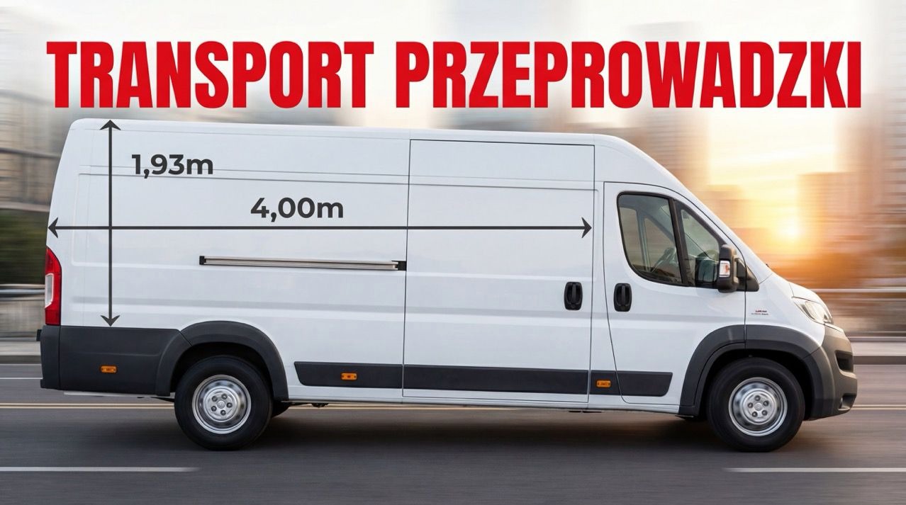 Biały bus z wymiarami 1.93m wysokości i 4.00m długości przestrzeni ładunkowej, na tle rozmytego miasta. Czerwony napis: TRANSPORT PRZEPROWADZKI.