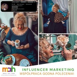 MAH - Media Art Home - Sebastian Winnicki - Kolaż zdjęć kobiety z kręconymi włosami prezentującej stylizacje, wnętrza i kwiaty, z widocznym logo firmy zajmującej się influencer marketingiem.