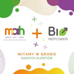 MAH - Media Art Home - Sebastian Winnicki - Grafika powitalna dla nowych klientów z logo MAH oraz Bio Repower, z kolorowymi plamami i plusami na białym tle.