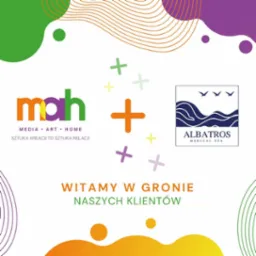 Grafika powitalna dla nowych klientów z logotypami MAH (Media Art Home) i Albatros Medical Spa, z abstrakcyjnymi elementami graficznymi w kolorach zieleni, pomarańczy i fioletu.