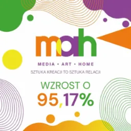 Kolorowe logo 'mah' z hasłem 'MEDIA • ART • HOME. SZTUKA KREACJI TO SZTUKA RELACJI' i informacją o wzroście o 95,17%, otoczone abstrakcyjnymi kształtami i liniami w odcieniach zieleni, fioletu...