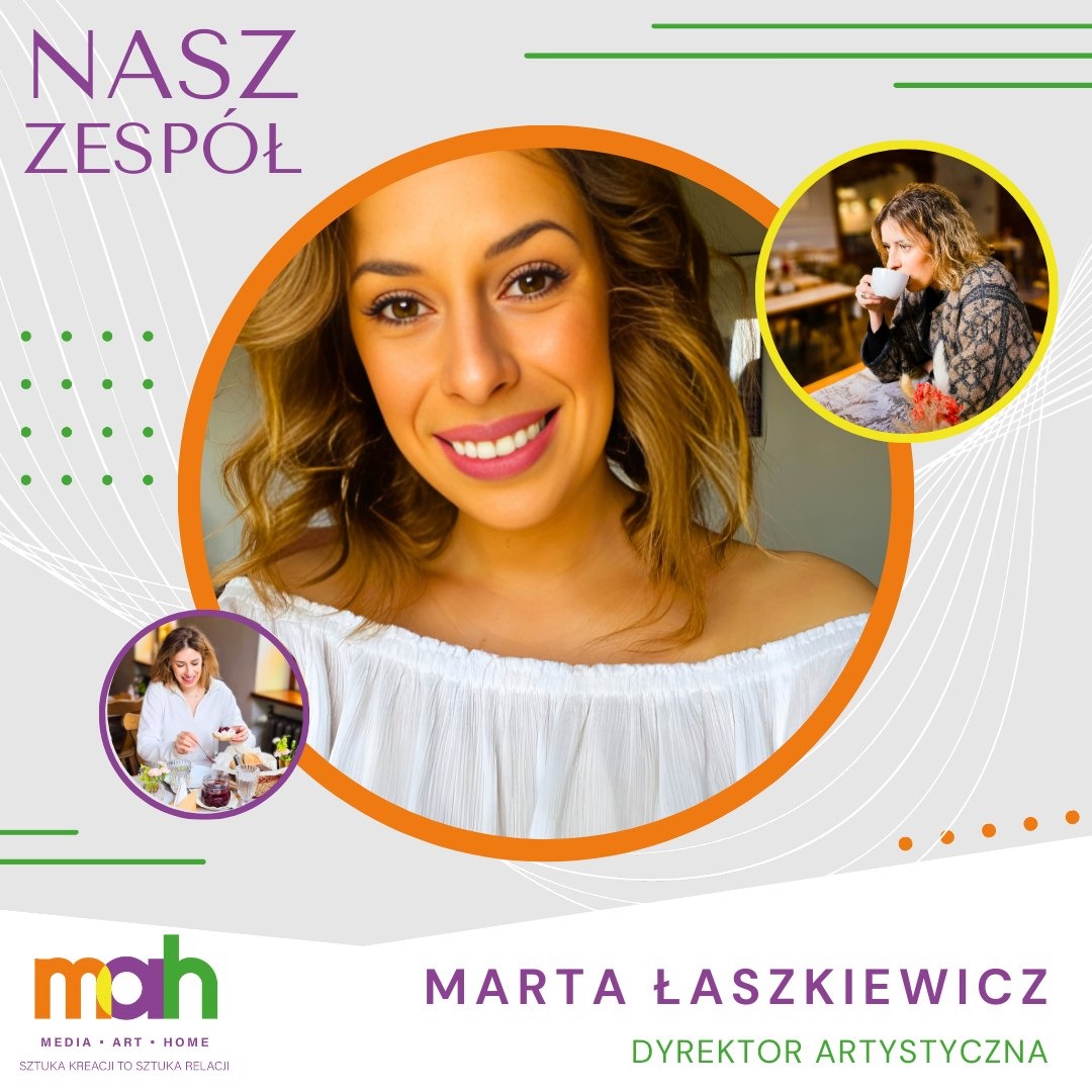 Portret uśmiechniętej kobiety, Marty Łaszkiewicz, dyrektor artystycznej, w otoczeniu graficznych elementów i dodatkowych zdjęć w okręgach prezentujących ją podczas pracy i w kawiarni.