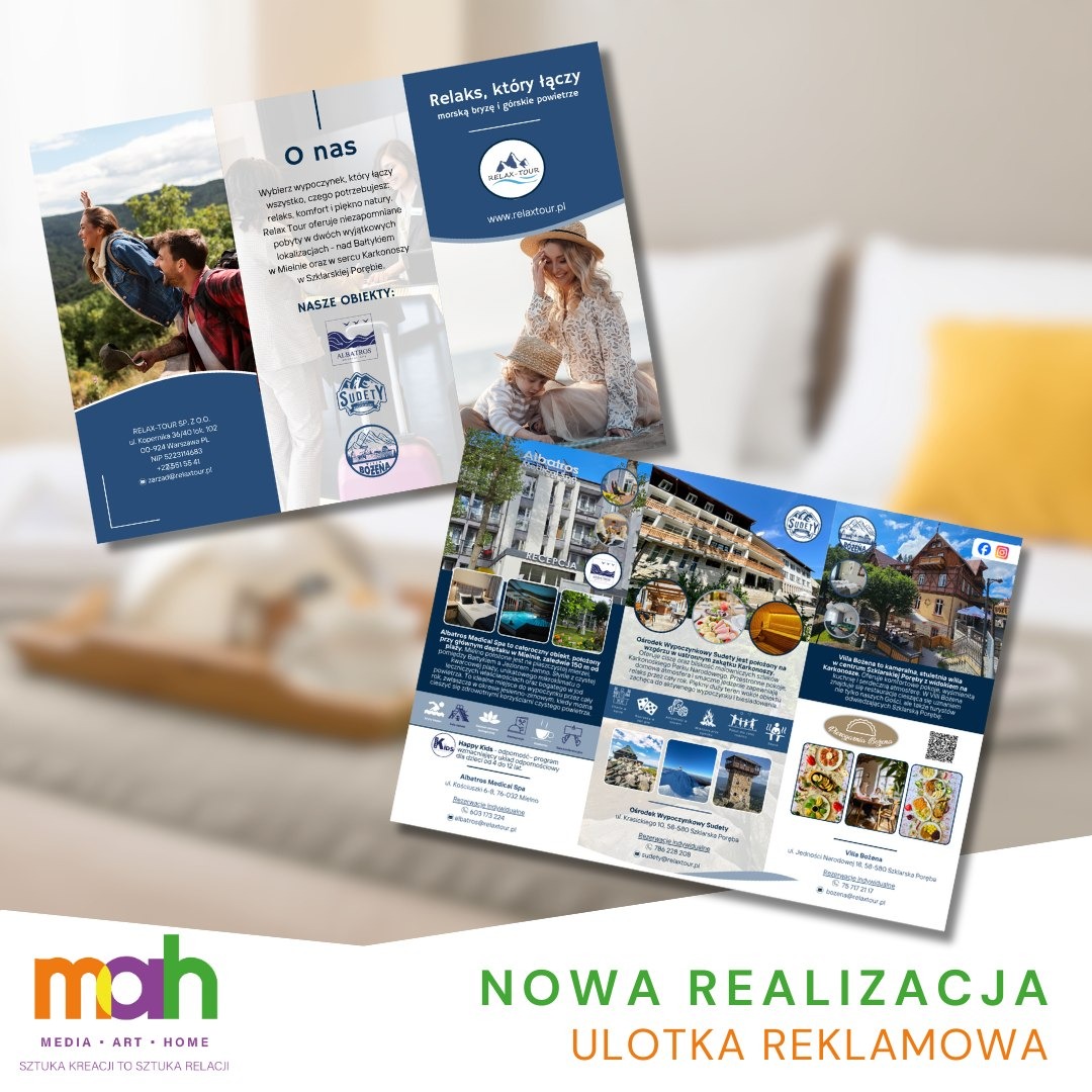 Rozłożona, trójdzielna ulotka reklamowa biura podróży Relax Tour prezentująca ofertę wypoczynku w Mielnie i Szklarskiej Porębie, z widocznymi zdjęciami hoteli, apartamentów i krajobrazów.