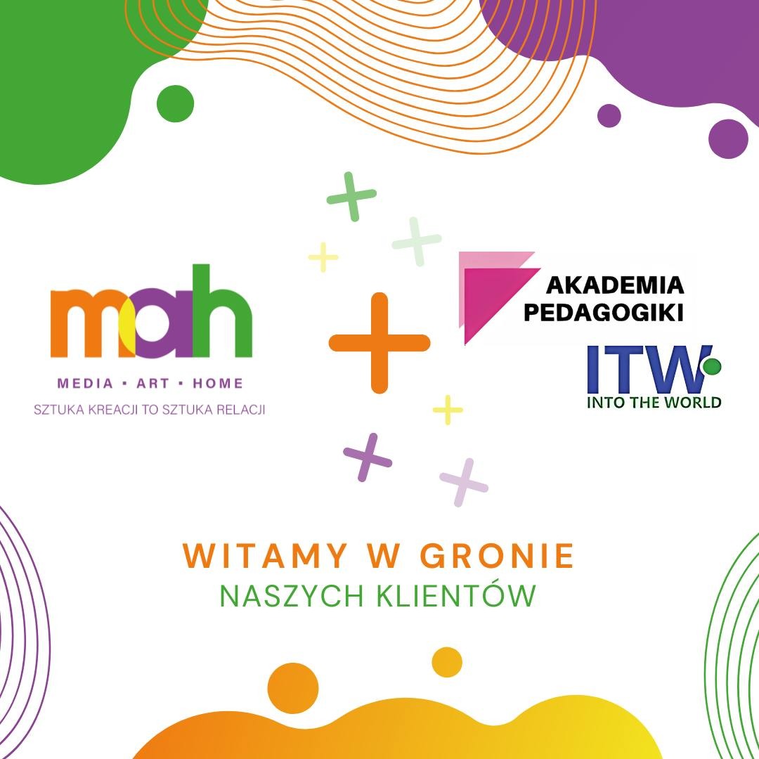 Grafika z logotypami firm MAH, Akademia Pedagogiki i ITW, plus kolorowe abstrakcyjne kształty i tekst 'Witamy w gronie naszych klientów'.