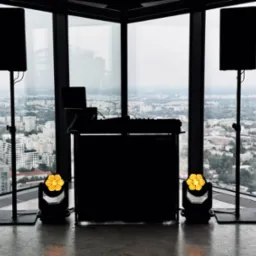 DJ stanowisko z nagłośnieniem i oświetleniem scenicznym na tle panoramy miasta za oknem. Sprzęt gotowy do występu, ustawiony w rogu pomieszczenia.