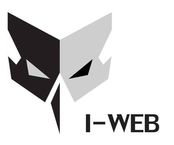 Graficzne logo I-WEB przedstawiające stylizowaną, dwukolorową maskę w odcieniach szarości i czerni na białym tle.