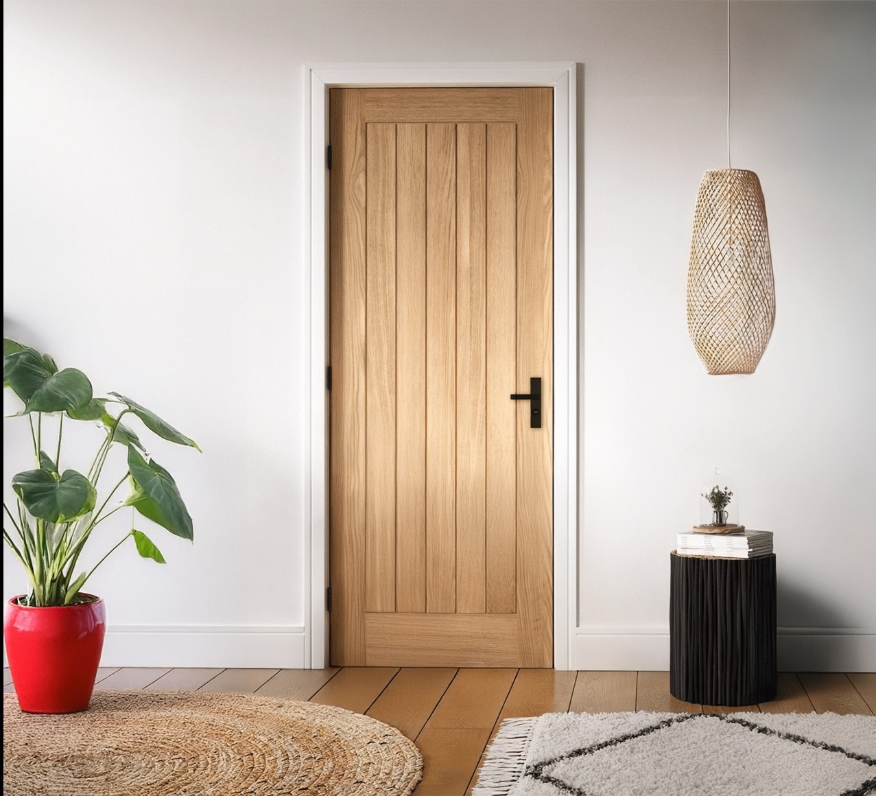 Jasne, pionowo żłobione skrzydło drzwiowe z czarną klamką, osadzone w białej futrynie, w minimalistycznym wnętrzu z rośliną w czerwonej donicy i plecioną lampą.