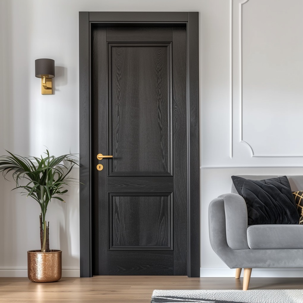 Ciemne, drewniane drzwi z złotą klamką w eleganckim wnętrzu z szarą sofą i rośliną w złotej doniczce, oświetlone subtelnym światłem z lampy ściennej.