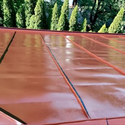 Usługi ogólnobudowlane - Błyszczący, brązowy dach z blachy na tle zielonych drzew iglastych. Widok z góry ukazuje regularne łączenia blachy i odbicia światła, podkreślające gładką powierzchnię.