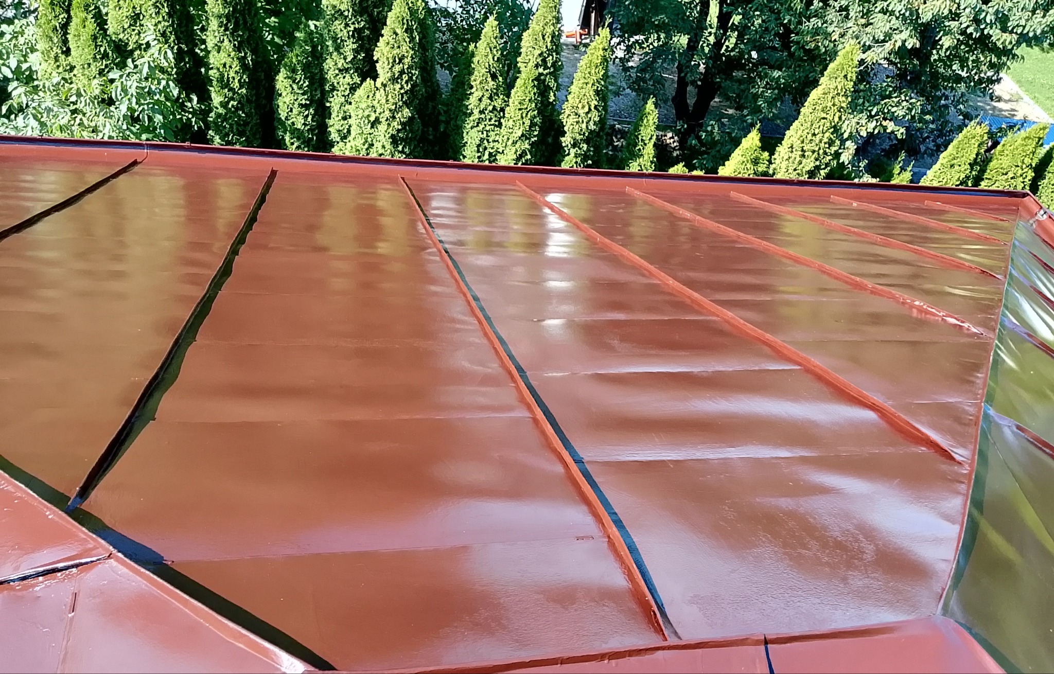 Błyszczący, brązowy dach z blachy na tle zielonych drzew iglastych. Widok z góry ukazuje regularne łączenia blachy i odbicia światła, podkreślające gładką powierzchnię.