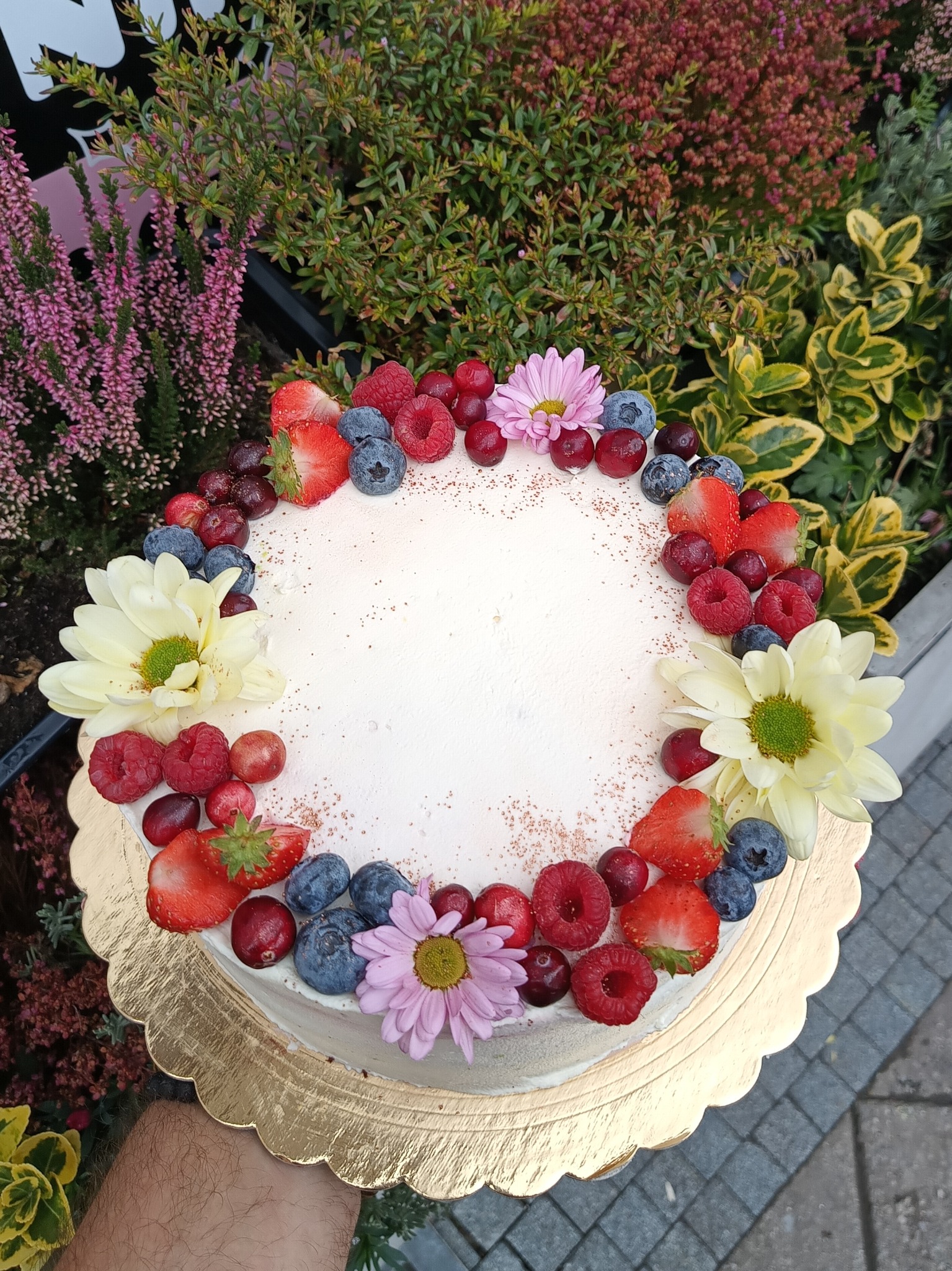 Tort z kremem, udekorowany świeżymi truskawkami, malinami, borówkami, wiśniami i kwiatami na złotym podkładzie, na tle zieleni i różowych wrzosów.