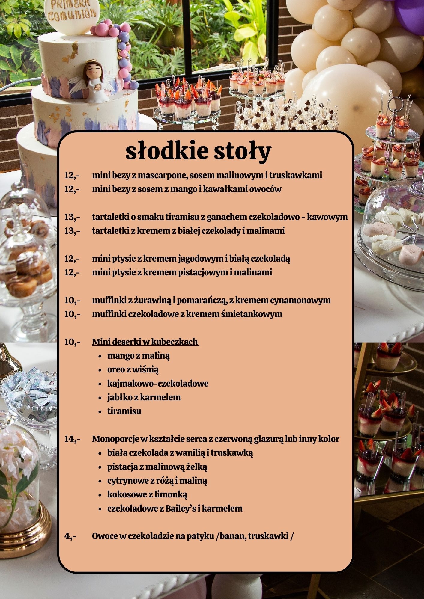 Bogato zastawiony stół słodkości na przyjęcie: tort komunijny, mini desery w szklankach, bezy, tartaletki i muffinki. Dekoracja balonowa w tle.
