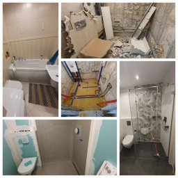 WYKOŃCZENIA WNĘTRZ-GRZEGORZ BATOR - Kolaż zdjęć przedstawiający różne etapy prac w łazience: od stanu przed demontażem, przez usunięcie płytek i instalację rur, po przygotowanie ścian do malowania i gotową kabinę prysznicową...