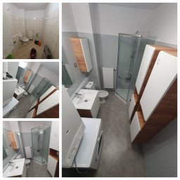 WYKOŃCZENIA WNĘTRZ-GRZEGORZ BATOR - Kolaż przedstawiający łazienkę przed i po remoncie: po lewej stronie widok starej łazienki z beżowymi płytkami i prostym wyposażeniem, po prawej odnowiona łazienka z szarymi płytkami, nowoczesną...