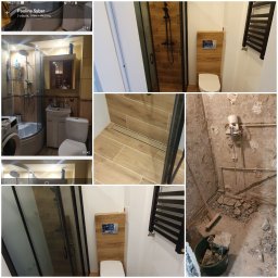 WYKOŃCZENIA WNĘTRZ-GRZEGORZ BATOR - Mozaika zdjęć przedstawiająca etapy prac w łazience: od starego wystroju z pralką, przez surowe ściany z instalacjami, po wykończoną kabinę prysznicową z czarną armaturą i drewnopodobnymi płytkami...