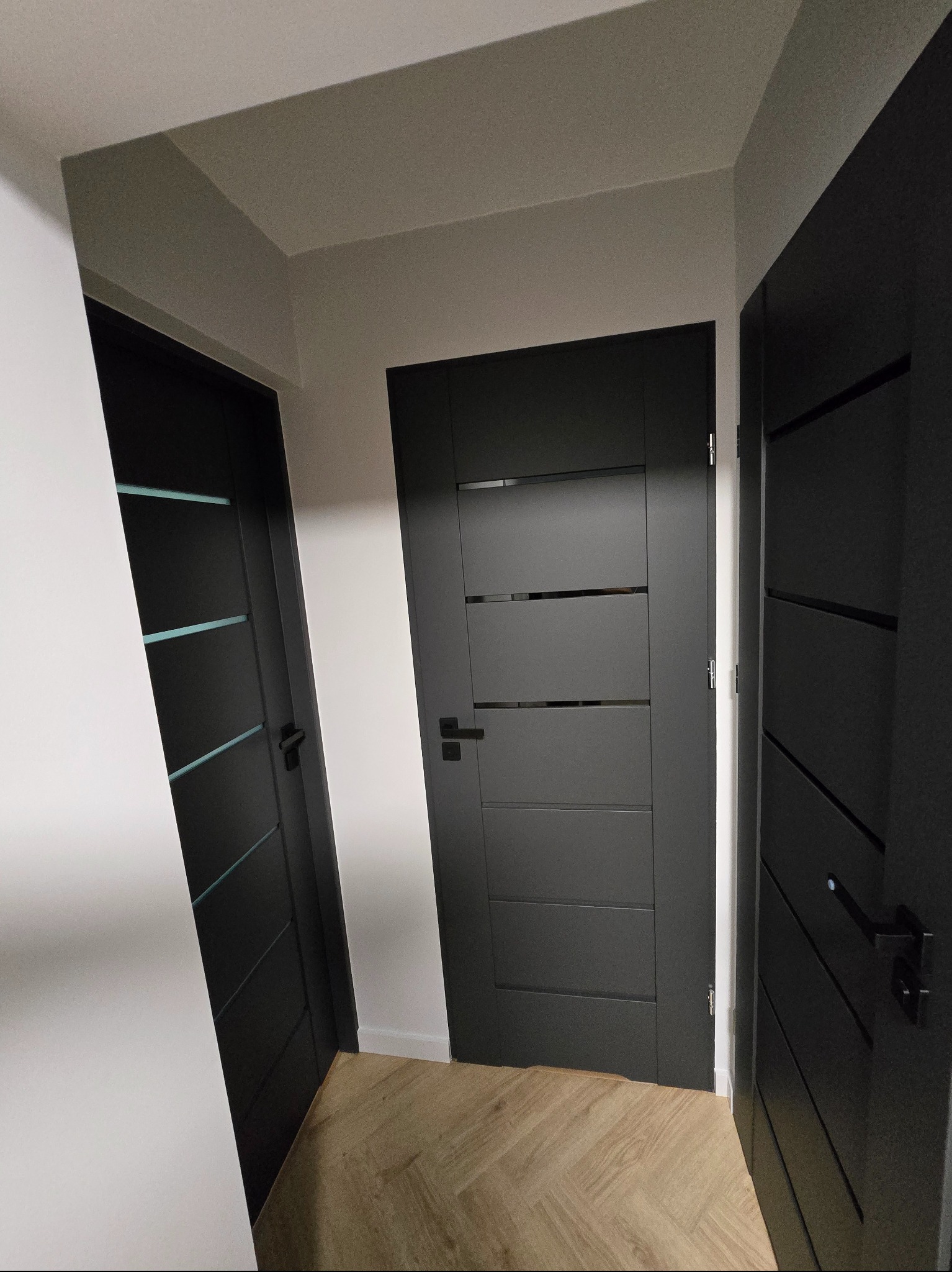 Nowoczesne, czarne drzwi wewnętrzne z poziomymi frezowaniami i klamkami na tle jasnych ścian i parkietu w jodełkę. Widoczne trzy skrzydła drzwiowe.