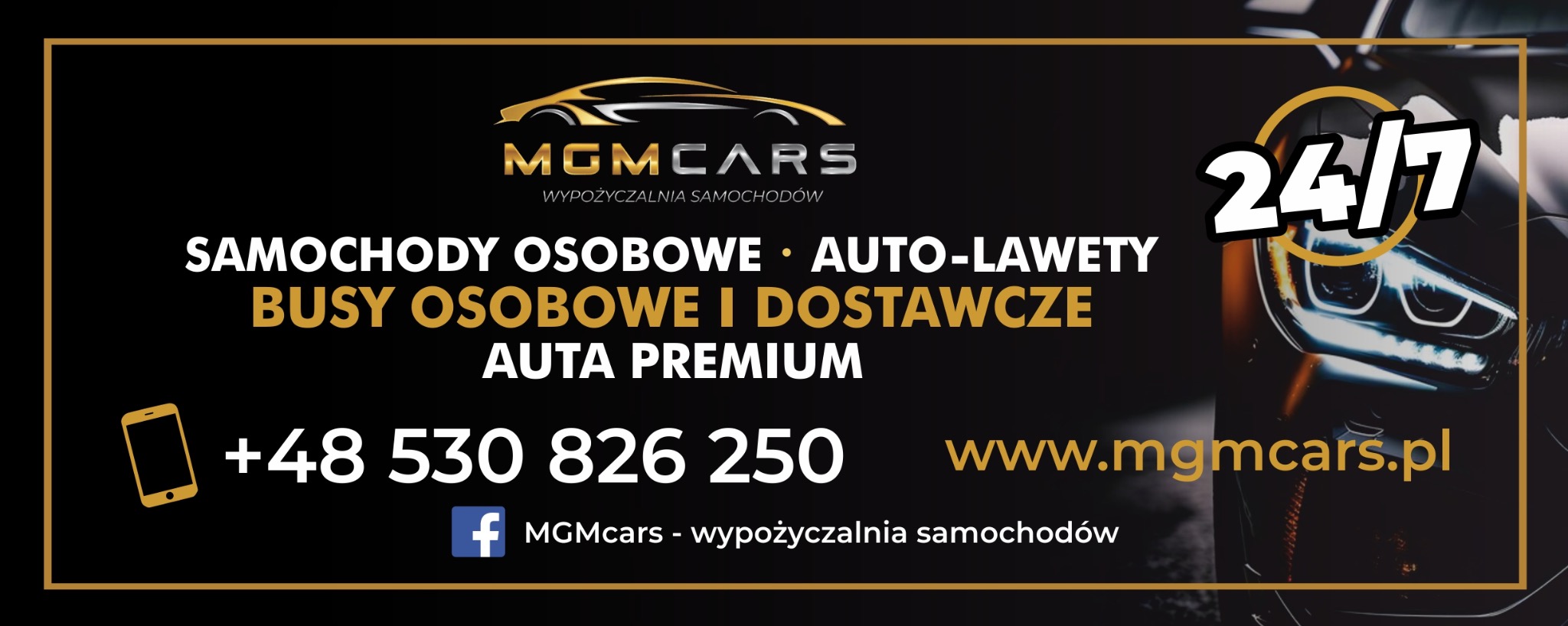 Reklama wypożyczalni samochodów MGMcars z sylwetką auta w logo, numerem telefonu, adresem strony internetowej i informacją o dostępności 24/7.