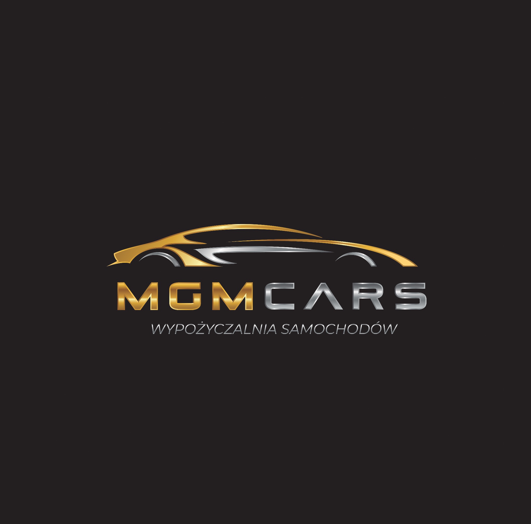Logo firmy MGM Cars z sylwetką samochodu w kolorze złotym i srebrnym na czarnym tle, pod spodem napis 'Wypożyczalnia samochodów'.