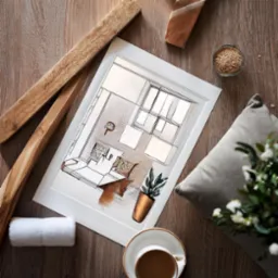 Rzut z góry na szkic koncepcyjny łazienki w ramce, otoczonej drewnianymi elementami, ręcznikiem, poduszką, filiżanką kawy i rośliną doniczkową na drewnianym blacie.