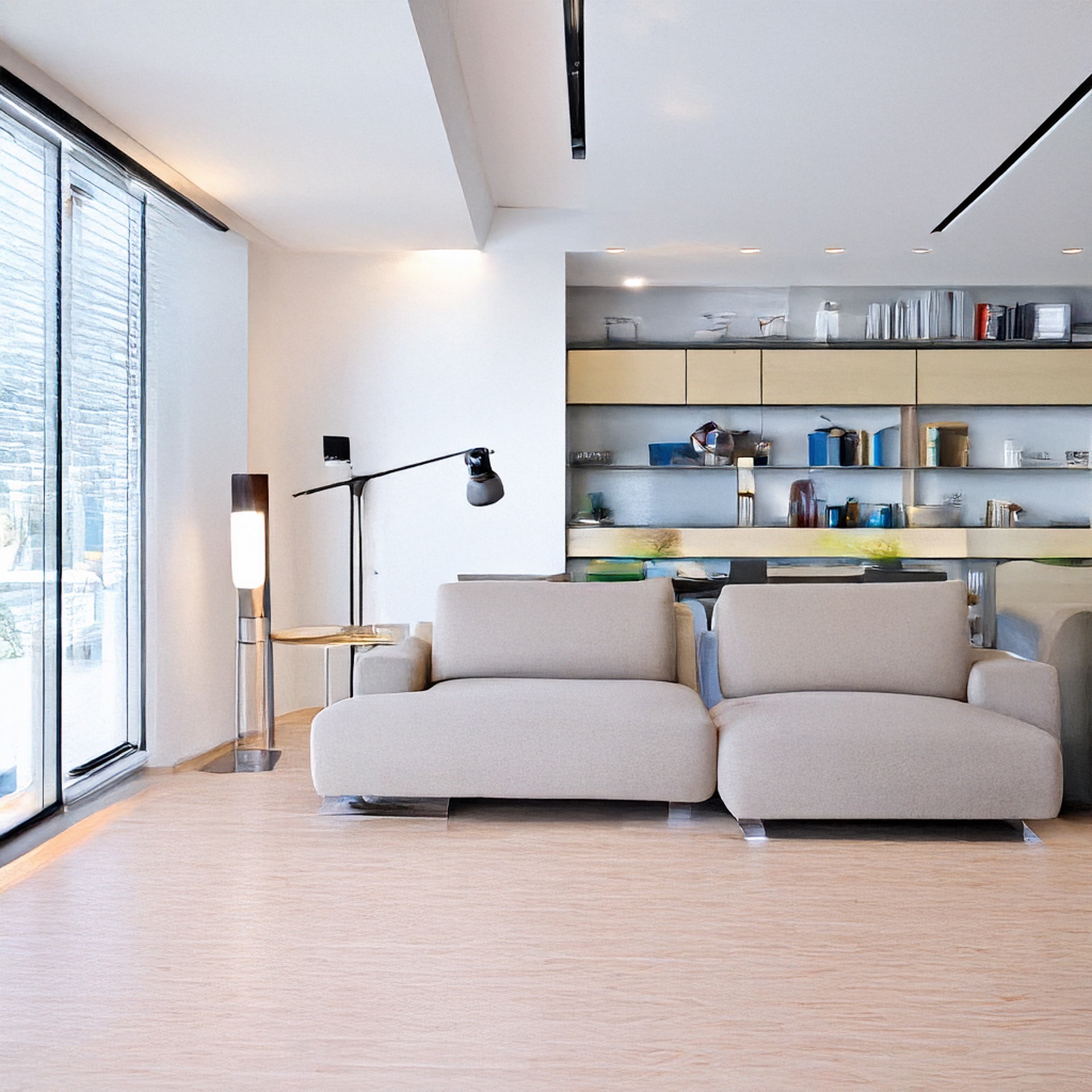 Jasne, minimalistyczne wnętrze z dwoma beżowymi sofami, podłogą imitującą drewno i dużym oknem z żaluzjami, oświetlone lampą podłogową i lampką biurkową, z półkami w tle zawierającymi dekoracje...