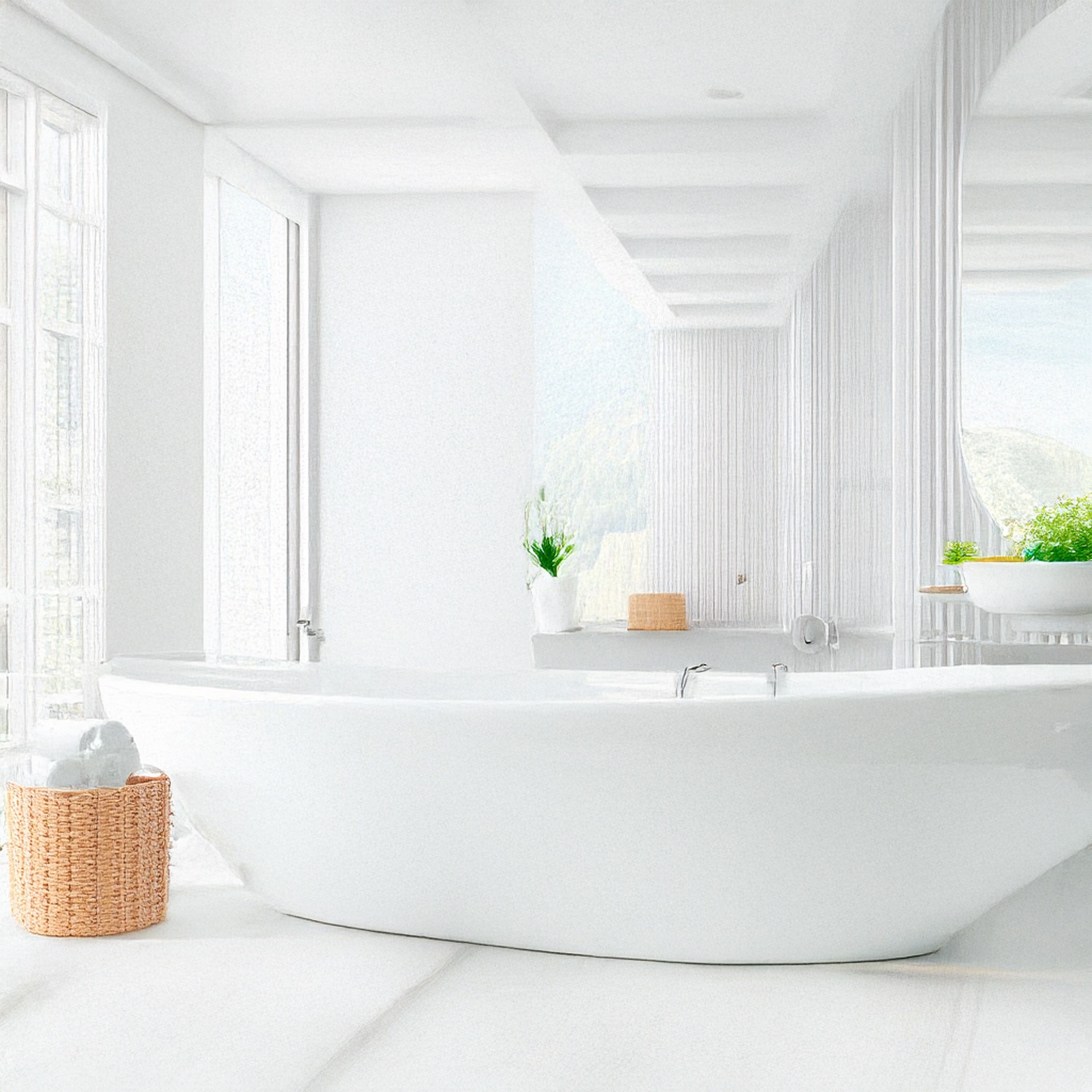 Jasna, minimalistyczna łazienka z wolnostojącą wanną, dużym oknem i dekoracyjnymi roślinami w tle.