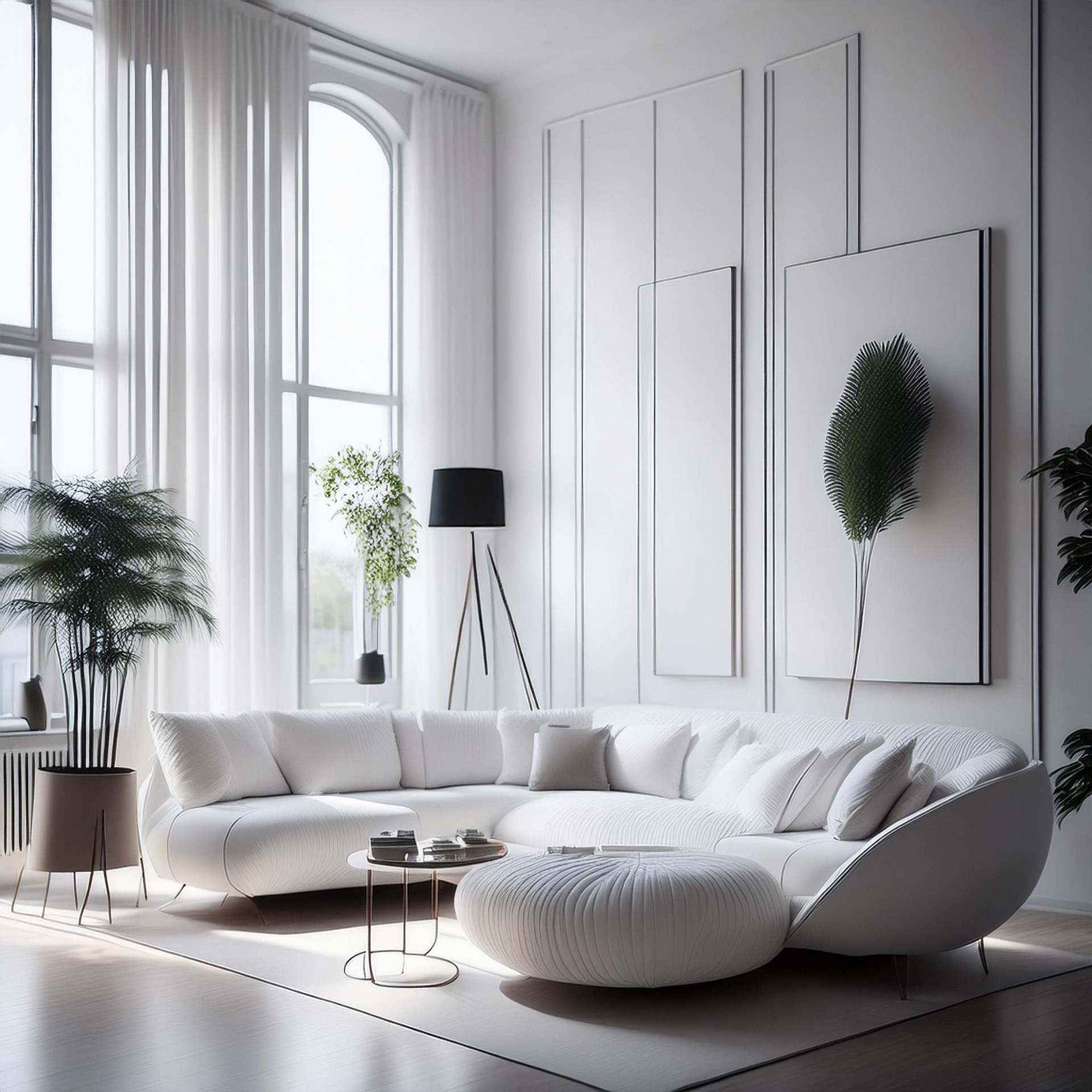 Jasne, minimalistyczne wnętrze salonu z białym narożnikiem, okrągłym pufem, stolikiem kawowym i roślinami doniczkowymi, oświetlone naturalnym światłem wpadającym przez duże okna z białymi zasłonami.