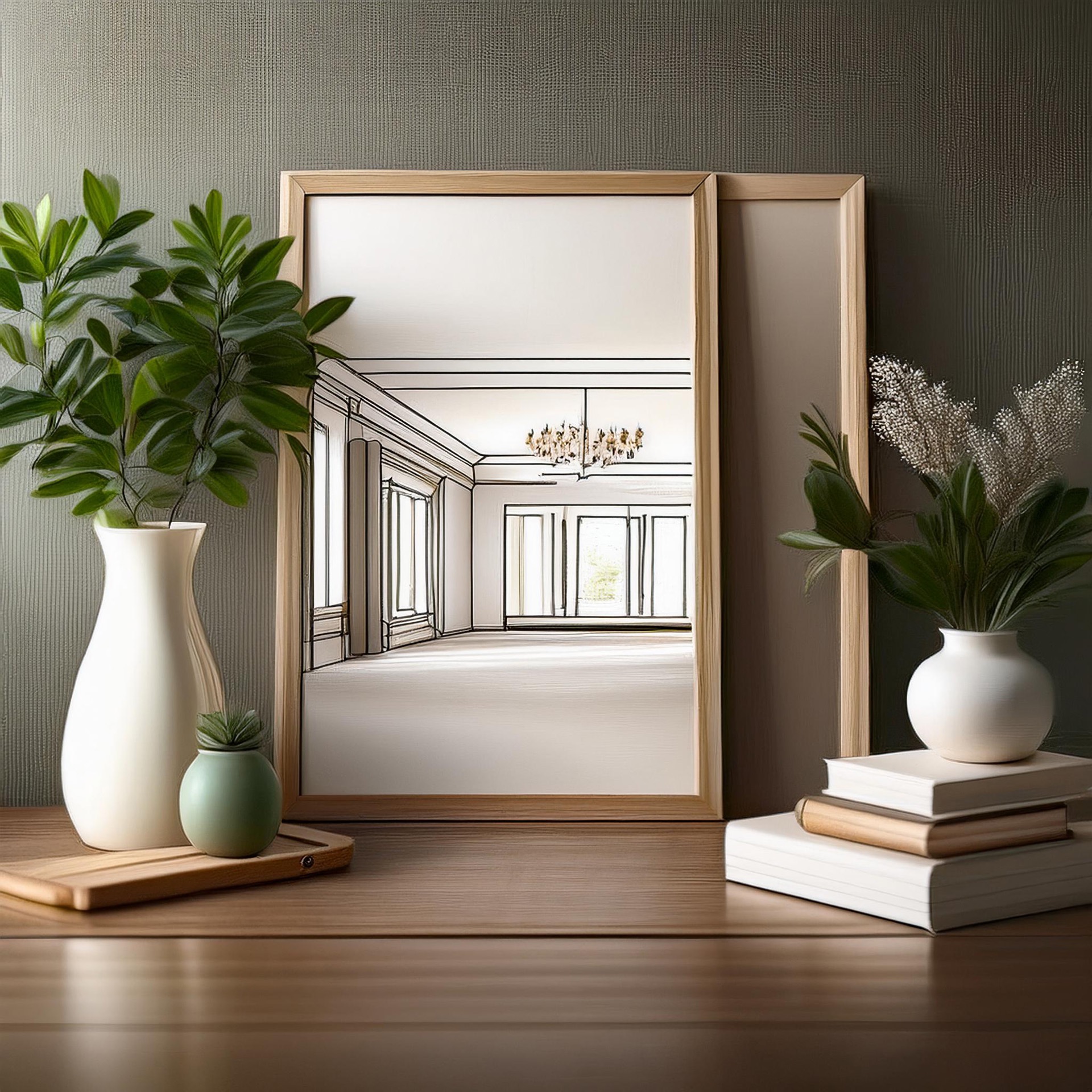 Stylizowana wizualizacja wnętrza zarysowana w ramie, otoczona dekoracjami roślinnymi, prezentowana na drewnianym blacie.