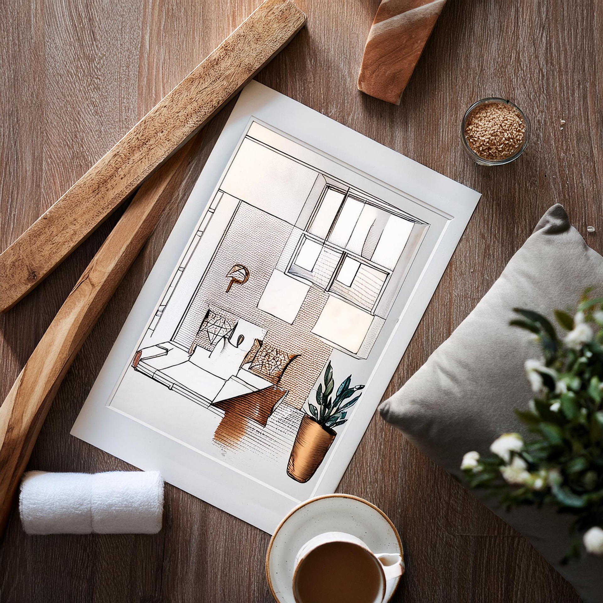 Rzut z góry na szkic koncepcyjny łazienki w ramce, otoczonej drewnianymi elementami, ręcznikiem, poduszką, filiżanką kawy i rośliną doniczkową na drewnianym blacie.