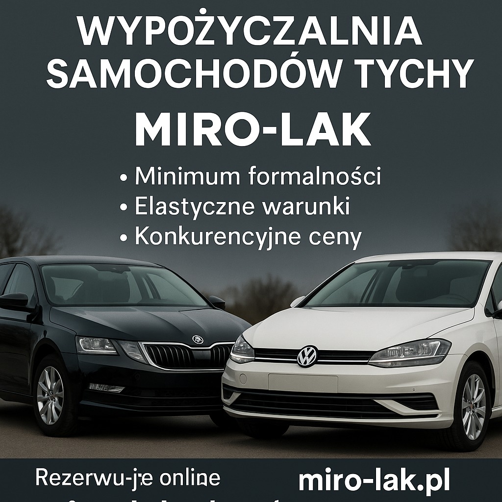 Dwa auta: czarna Skoda Octavia i biały Volkswagen Golf, prezentowane na tle szarego nieba. Oferta wypożyczalni samochodów Miro-Lak z Tychów.