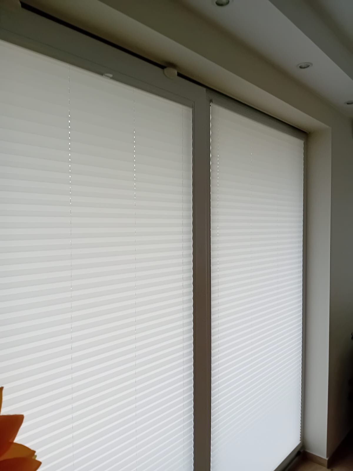Dwa okna z zamontowanymi białymi plisami, widoczne mechanizmy sterujące, jasne wnętrze z oświetleniem sufitowym.