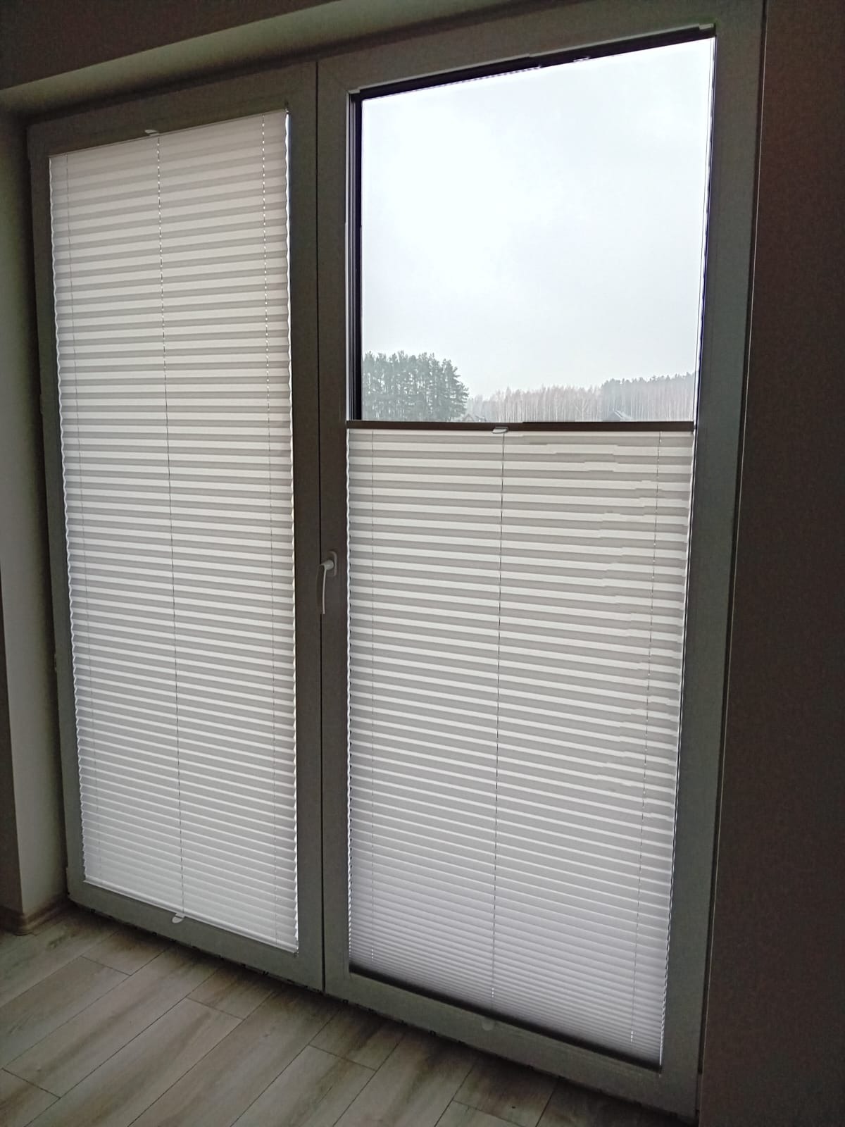 Dwu-skrzydłowe okno z zamontowanymi białymi plisami, częściowo zasłoniętymi, z widokiem na zewnątrz na zalesiony krajobraz w pochmurny dzień.