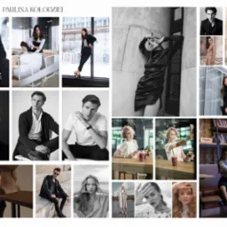 Kolaż zdjęć portretowych i modowych, w tym ujęcia w studio, w przestrzeniach miejskich i wnętrzach kawiarni.