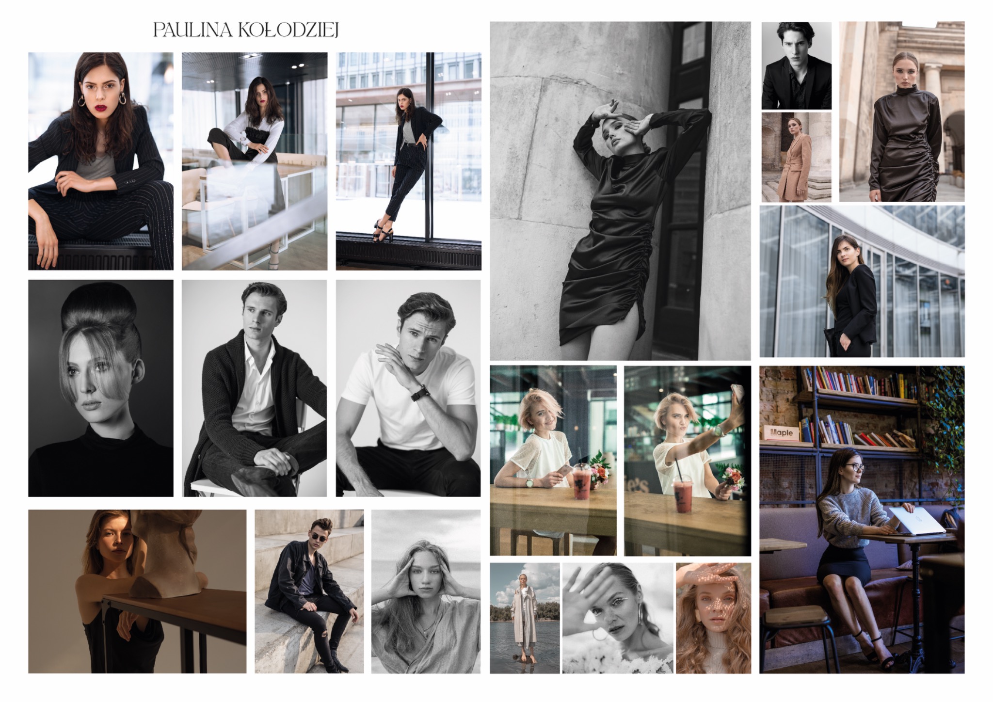 Kolaż zdjęć portretowych i modowych, w tym ujęcia w studio, w przestrzeniach miejskich i wnętrzach kawiarni.