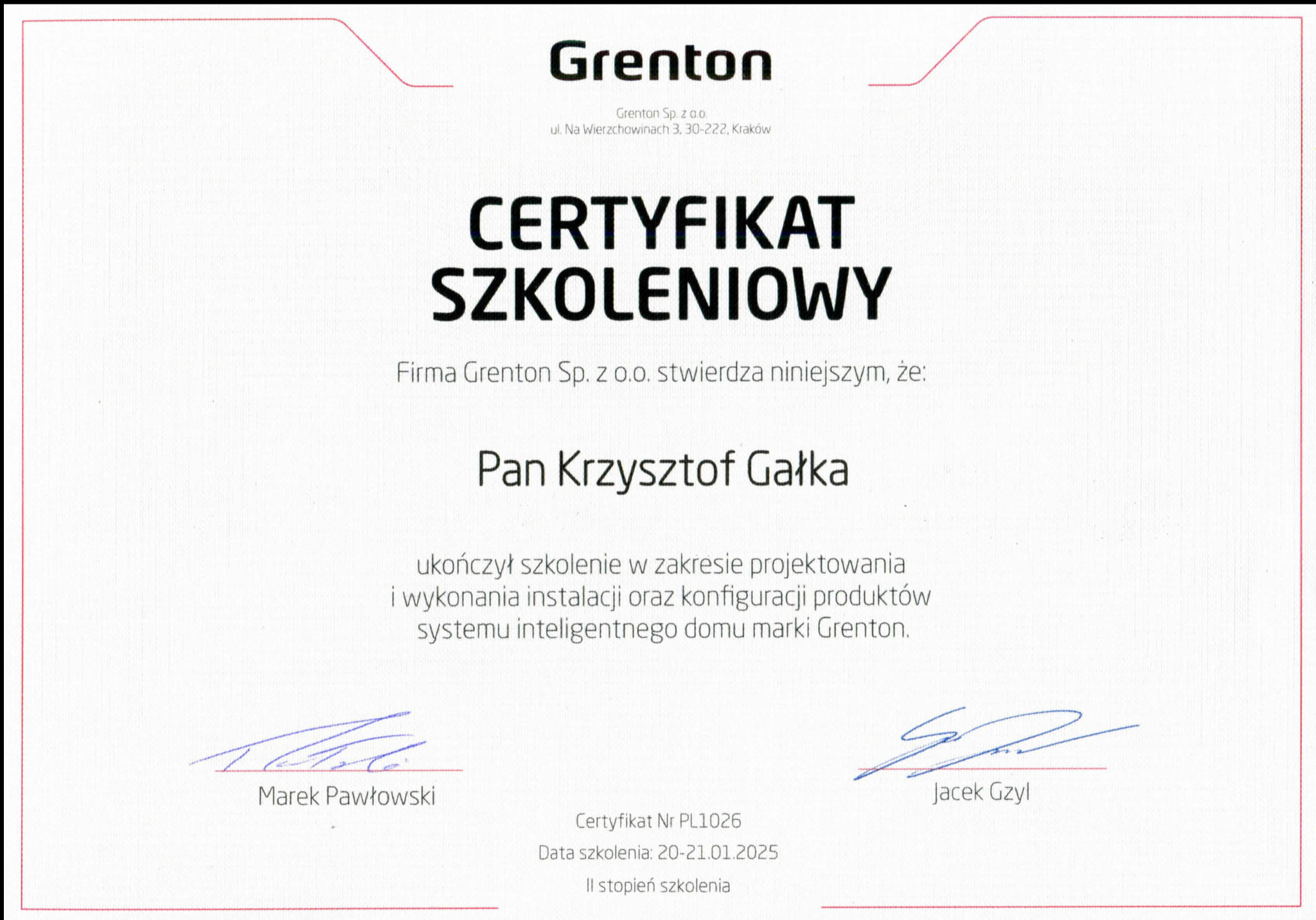 Certyfikat szkoleniowy Grenton dla Pana Krzysztofa Gałki, potwierdzający ukończenie szkolenia z projektowania i wykonania instalacji inteligentnego domu.