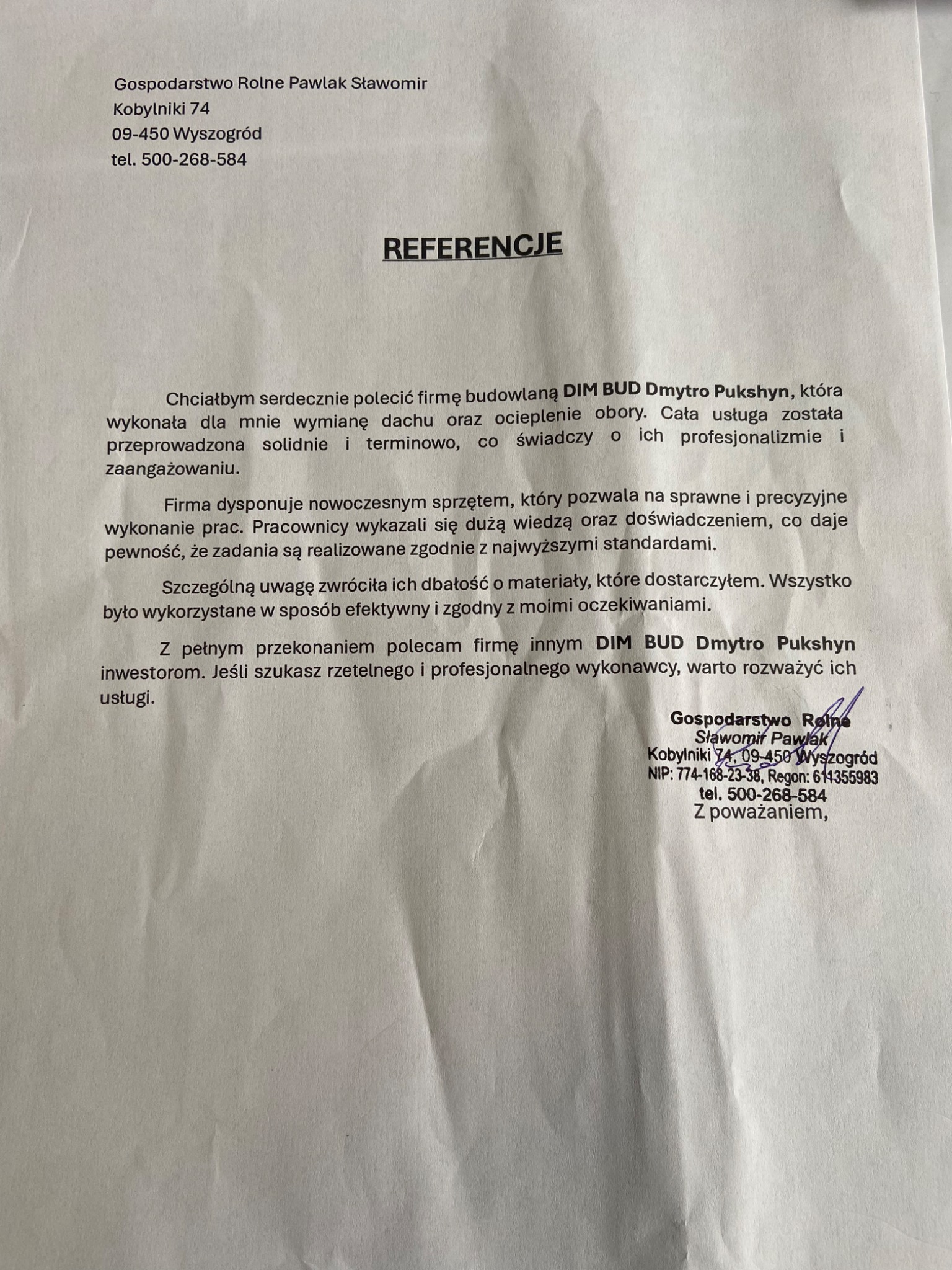 Skan referencji dla firmy budowlanej DIM BUD Dmytro Pukshyn, wystawionej przez Gospodarstwo Rolne Pawlak Sławomir za wymianę dachu i ocieplenie obory.