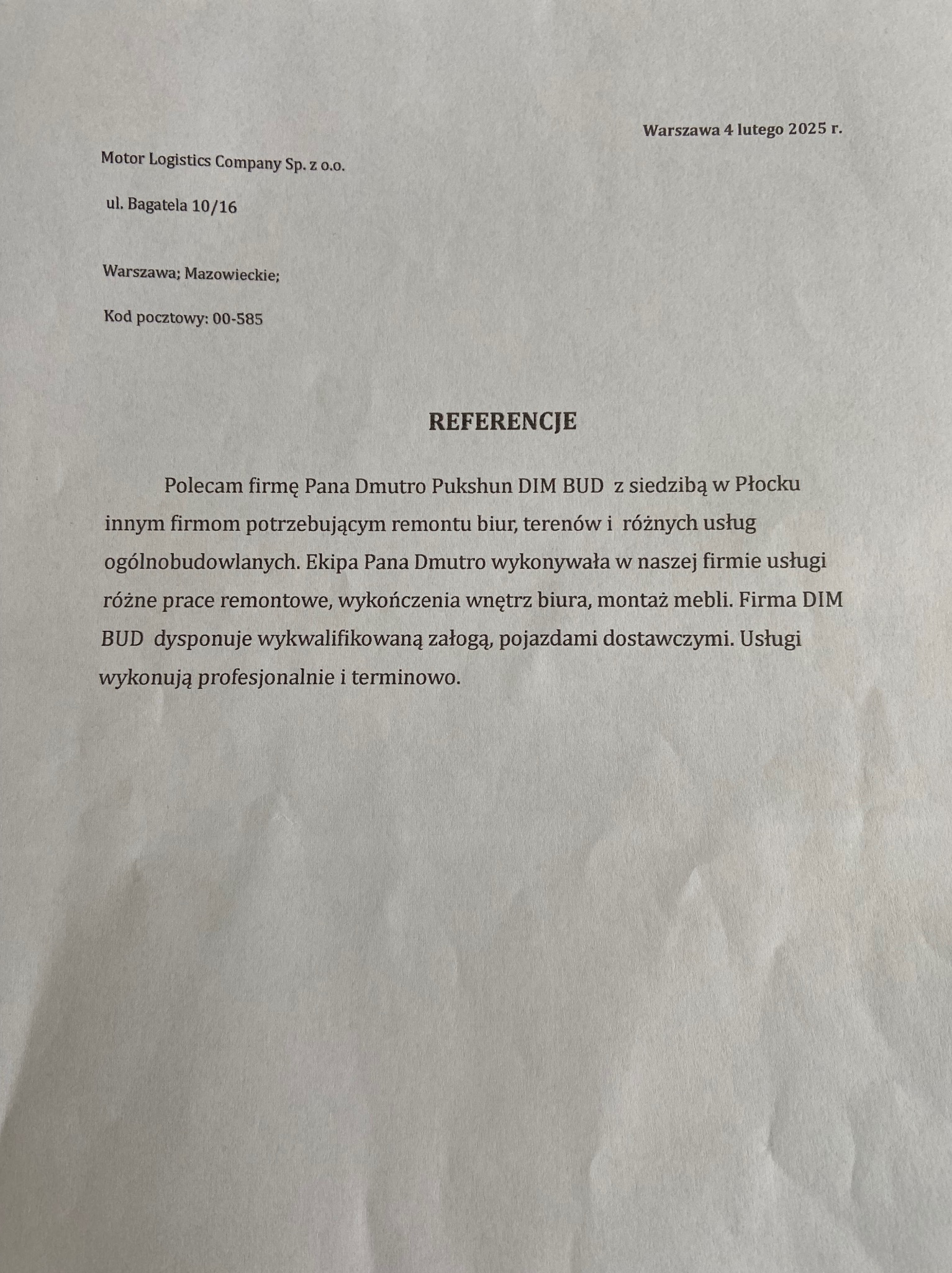 Skan referencji dla firmy budowlanej DIM BUD z Płocka, polecającej usługi remontowe biur, wykończenia wnętrz i montaż mebli, na papierze firmowym Motor Logistics Company z Warszawy, datowane na 4...