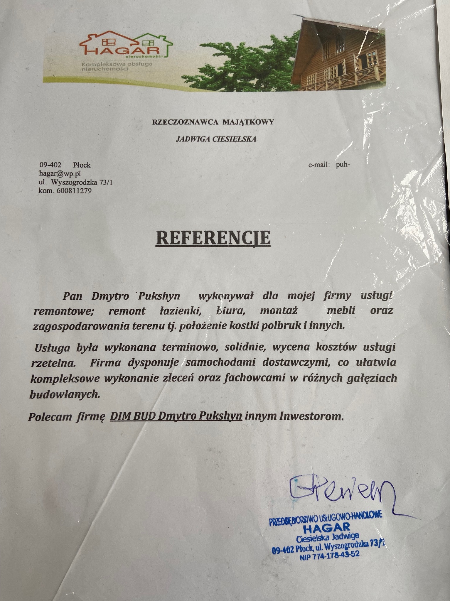 Skan dokumentu referencyjnego dla firmy DIM BUD Dmytro Pukshyn, polecającego usługi remontowe, remont łazienki, biura, montaż mebli i zagospodarowanie terenu, wystawionego przez rzeczoznawcę...