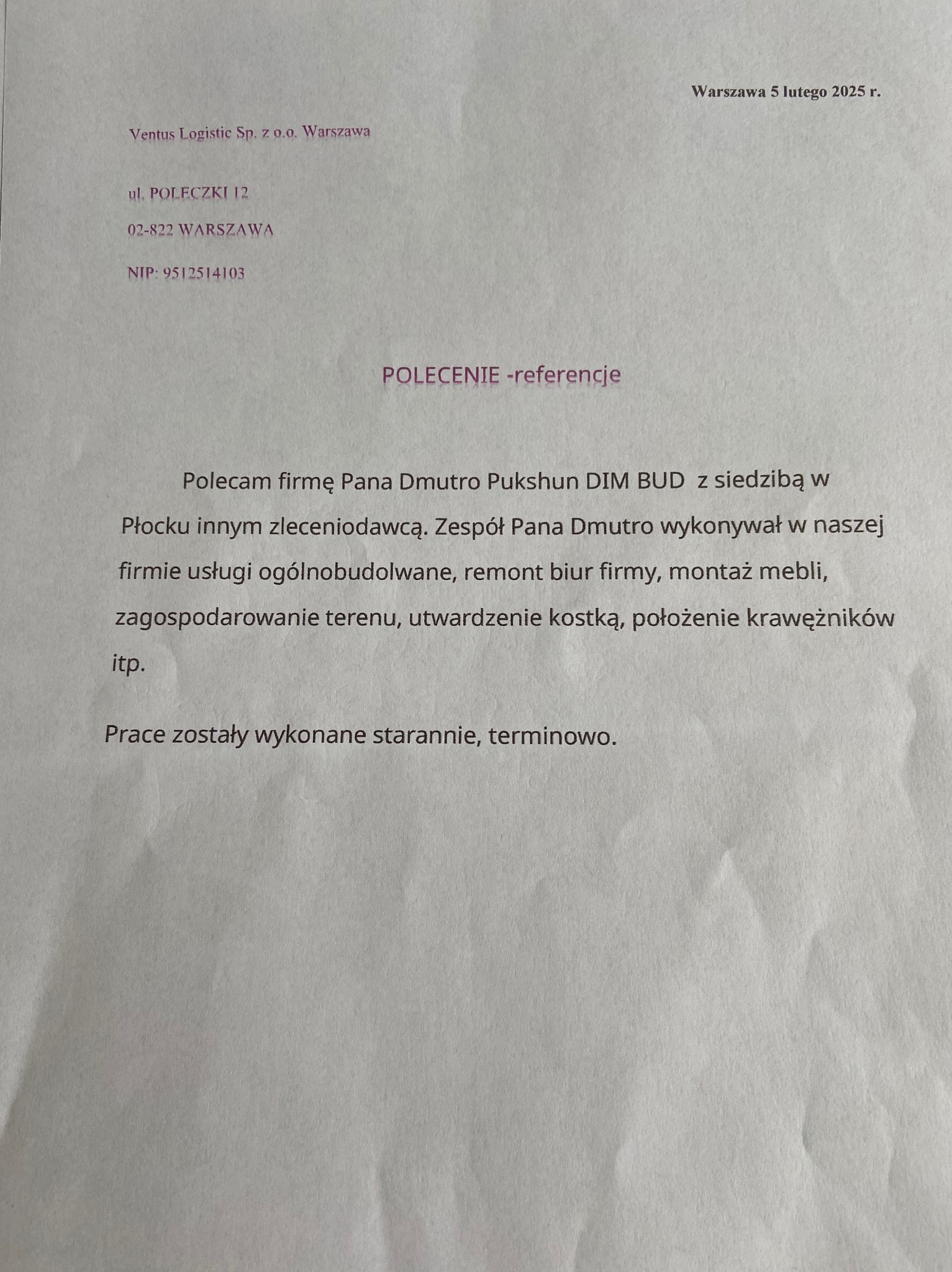 Skan dokumentu referencyjnego dla firmy budowlanej DIM BUD, polecającej usługi ogólnobudowlane, remont biur, montaż mebli, zagospodarowanie terenu, utwardzenie kostką i położenie krawężników...