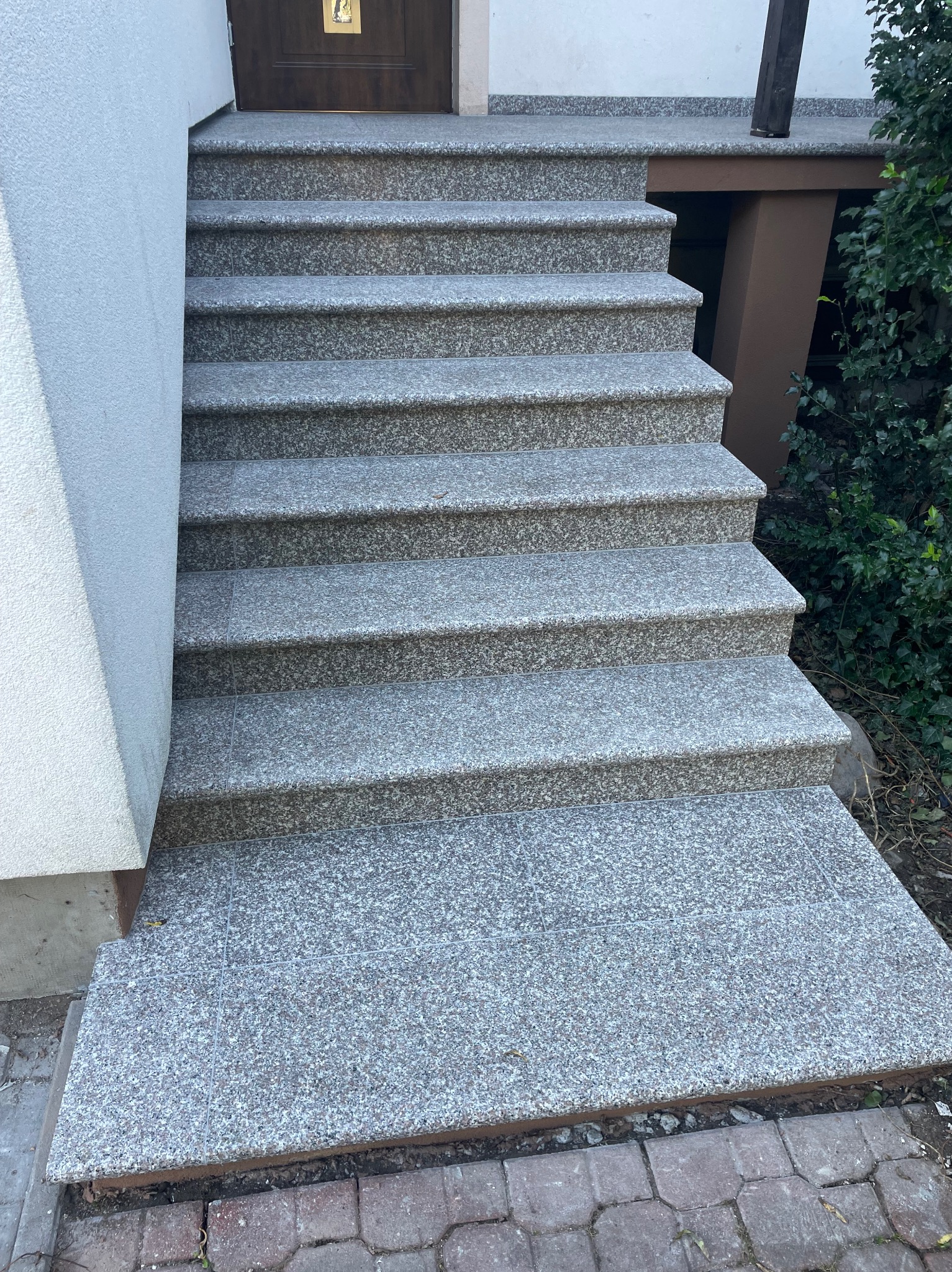 Zewnętrzne schody wejściowe wyłożone szarą, nakrapianą płytką imitującą kamień, prowadzące do ciemnych drzwi, widoczne fragmenty elewacji i zieleni
