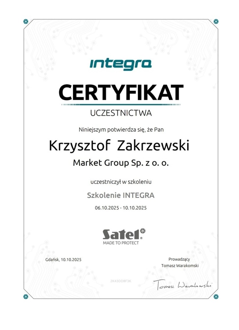 Certyfikat uczestnictwa w szkoleniu INTEGRA dla Krzysztofa Zakrzewskiego z Market Group Sp. z o.o., wydany w Gdańsku 10.10.2025 przez Satel.