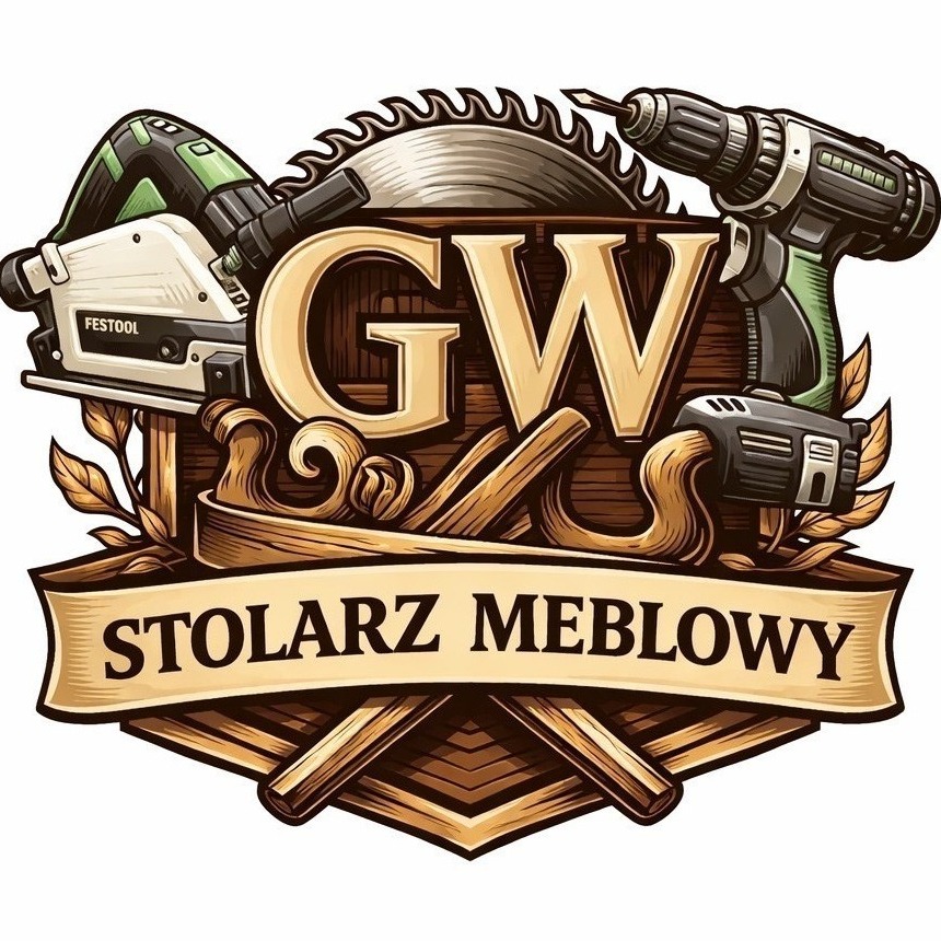 Grafika: Logo 'GW Stolarz Meblowy' z piłą tarczową, wiertarką i strugiem Festool. Drewniane elementy i liście dodają rzemieślniczego charakteru.