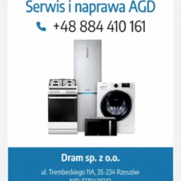 Grafika reklamowa firmy Dram sp. z o.o. oferującej serwis i naprawę AGD, prezentująca zdjęcie poglądowe różnych urządzeń: lodówki, kuchenki, pralki i mikrofalówki, wraz z numerem telefonu i adresem...