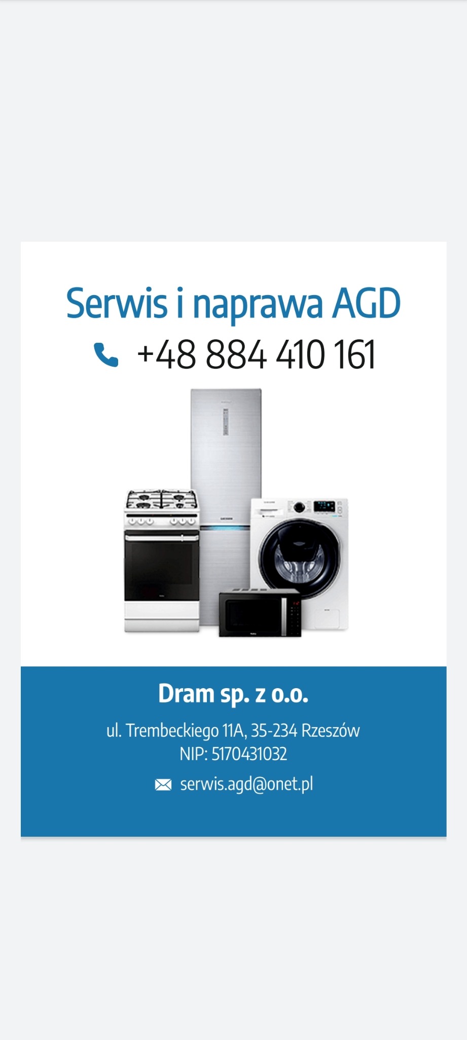 Grafika reklamowa firmy Dram sp. z o.o. oferującej serwis i naprawę AGD, prezentująca zdjęcie poglądowe różnych urządzeń: lodówki, kuchenki, pralki i mikrofalówki, wraz z numerem telefonu i adresem...